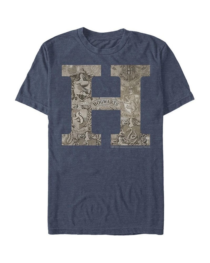 Men's Vintage-Like Hogwarts Short Sleeve Crew T-shirt Blue $17.50 T-Shirts