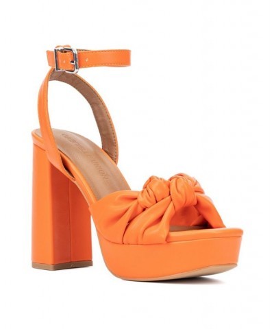 Women's Mai Knotted Platform Block Heels Sandals Orange $40.98 Shoes