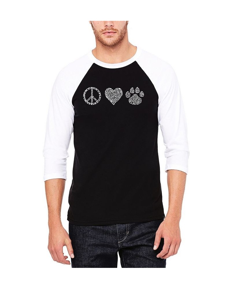 Men's Raglan Baseball 3/4 Sleeve Peace Love Cats Word Art T-shirt Black, White $25.19 T-Shirts