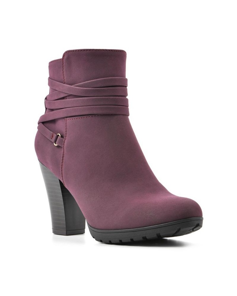 Women's Spade Heeled Lug Sole Ankle Booties Purple $38.49 Shoes