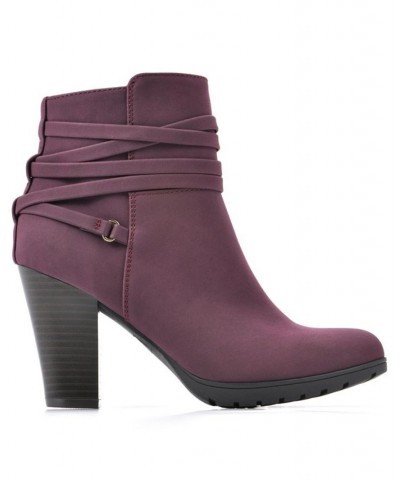 Women's Spade Heeled Lug Sole Ankle Booties Purple $38.49 Shoes