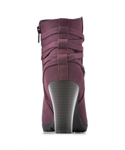 Women's Spade Heeled Lug Sole Ankle Booties Purple $38.49 Shoes