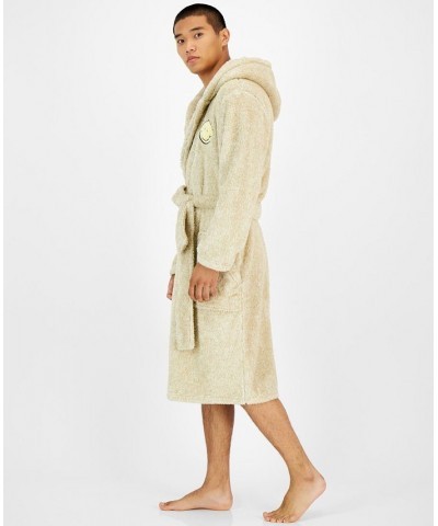 Men's Smiley Embroidered Hooded Fleece Robe Tan/Beige $16.91 Pajama