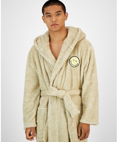 Men's Smiley Embroidered Hooded Fleece Robe Tan/Beige $16.91 Pajama