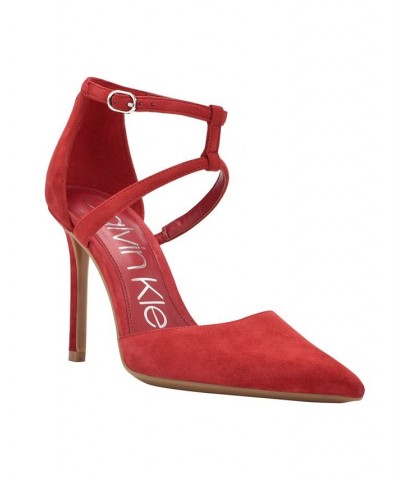 Women's Dentel Ankle Strap Dress Pumps Red $25.77 Shoes