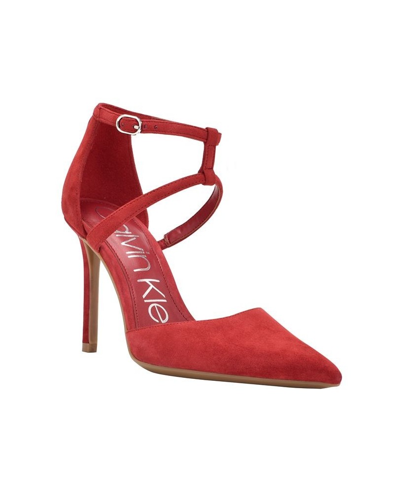 Women's Dentel Ankle Strap Dress Pumps Red $25.77 Shoes