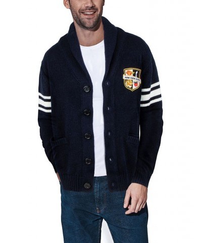 Men's Shawl Collar Heavy Gauge Cardigan with City Patch Blue $32.99 Sweaters