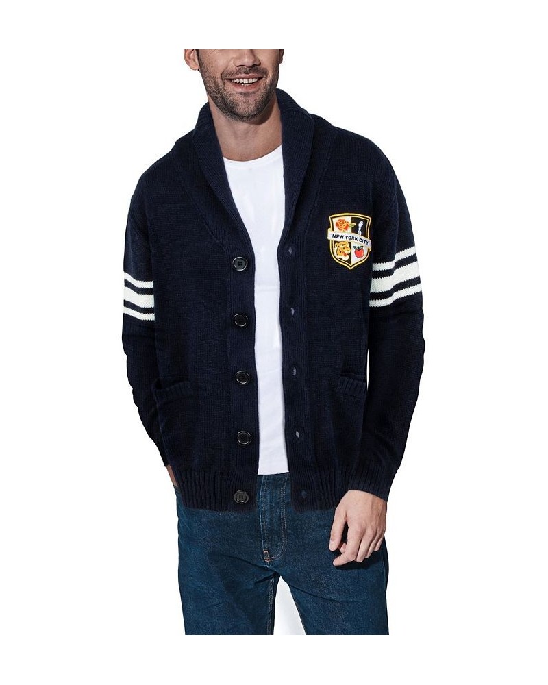 Men's Shawl Collar Heavy Gauge Cardigan with City Patch Blue $32.99 Sweaters