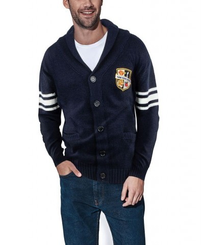 Men's Shawl Collar Heavy Gauge Cardigan with City Patch Blue $32.99 Sweaters