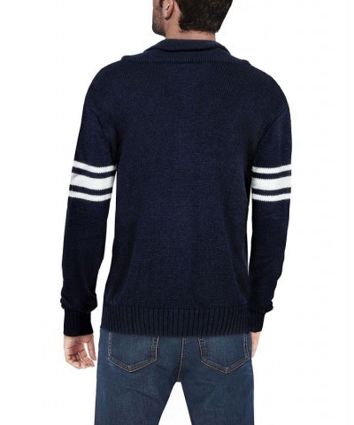 Men's Shawl Collar Heavy Gauge Cardigan with City Patch Blue $32.99 Sweaters