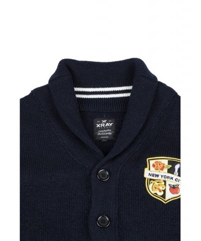 Men's Shawl Collar Heavy Gauge Cardigan with City Patch Blue $32.99 Sweaters