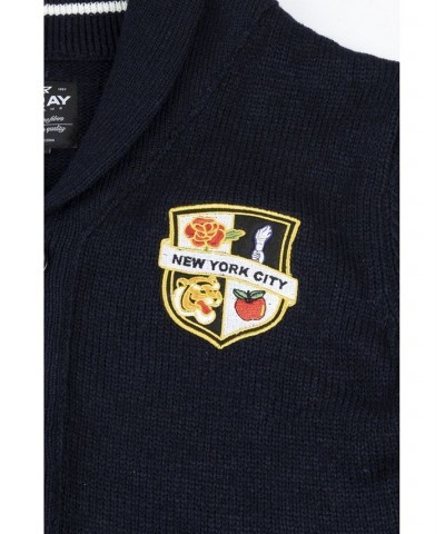 Men's Shawl Collar Heavy Gauge Cardigan with City Patch Blue $32.99 Sweaters