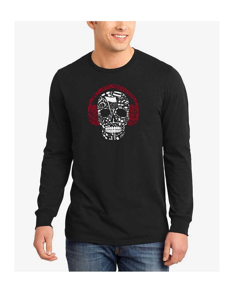 Men's Music Notes Skull Word Art Long Sleeves T-shirt Black $16.40 T-Shirts