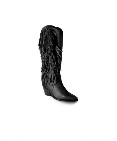 Women's Knee-High Black Premium Leather Boots With Side Fringe, Ely By Bala Di Gala $127.60 Shoes