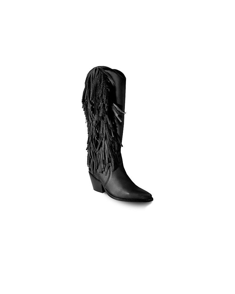 Women's Knee-High Black Premium Leather Boots With Side Fringe, Ely By Bala Di Gala $127.60 Shoes