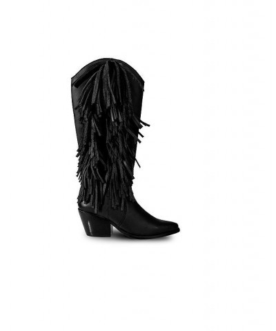 Women's Knee-High Black Premium Leather Boots With Side Fringe, Ely By Bala Di Gala $127.60 Shoes