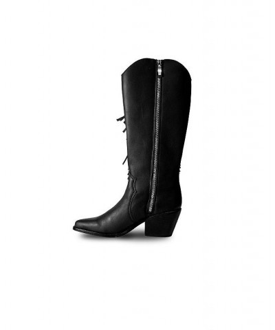 Women's Knee-High Black Premium Leather Boots With Side Fringe, Ely By Bala Di Gala $127.60 Shoes