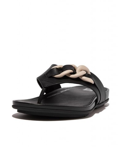 Women's Gracie Rubber Chain Leather Toe Post Sandals Black $50.40 Shoes